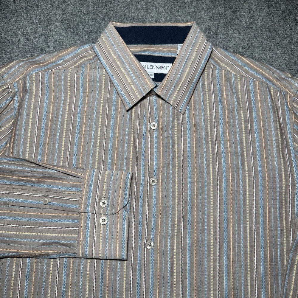 John Lennon Button Up Shirt Men L Long Sleeve Collar Striped Geometric Cotton